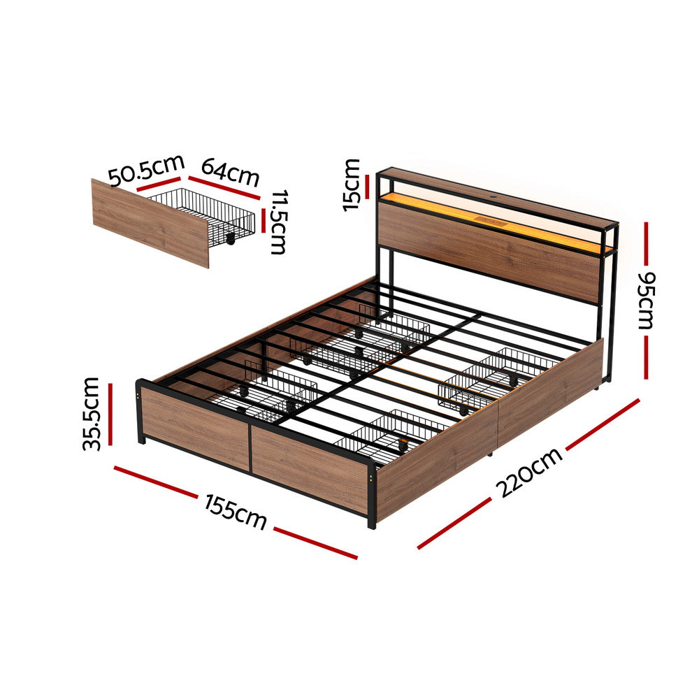 Artiss Metal Bed Frame Queen Size with 2-Tier Storage Headboard Metal Platform with 4 Storage Drawers Built MBED-C-SKY-Q-BK-ABC