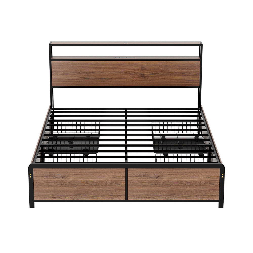 Artiss Metal Bed Frame Queen Size with 2-Tier Storage Headboard Metal Platform with 4 Storage Drawers Built MBED-C-SKY-Q-BK-ABC