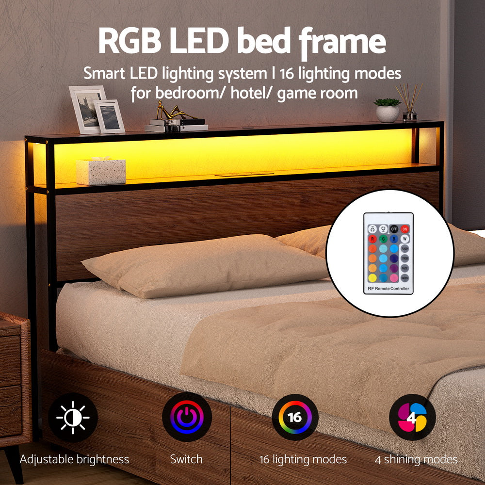 Artiss Metal Bed Frame Queen Size with 2-Tier Storage Headboard Metal Platform with 4 Storage Drawers Built MBED-C-SKY-Q-BK-ABC