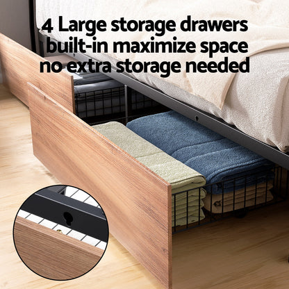 Artiss Metal Bed Frame Queen Size with 2-Tier Storage Headboard Metal Platform with 4 Storage Drawers Built MBED-C-SKY-Q-BK-ABC