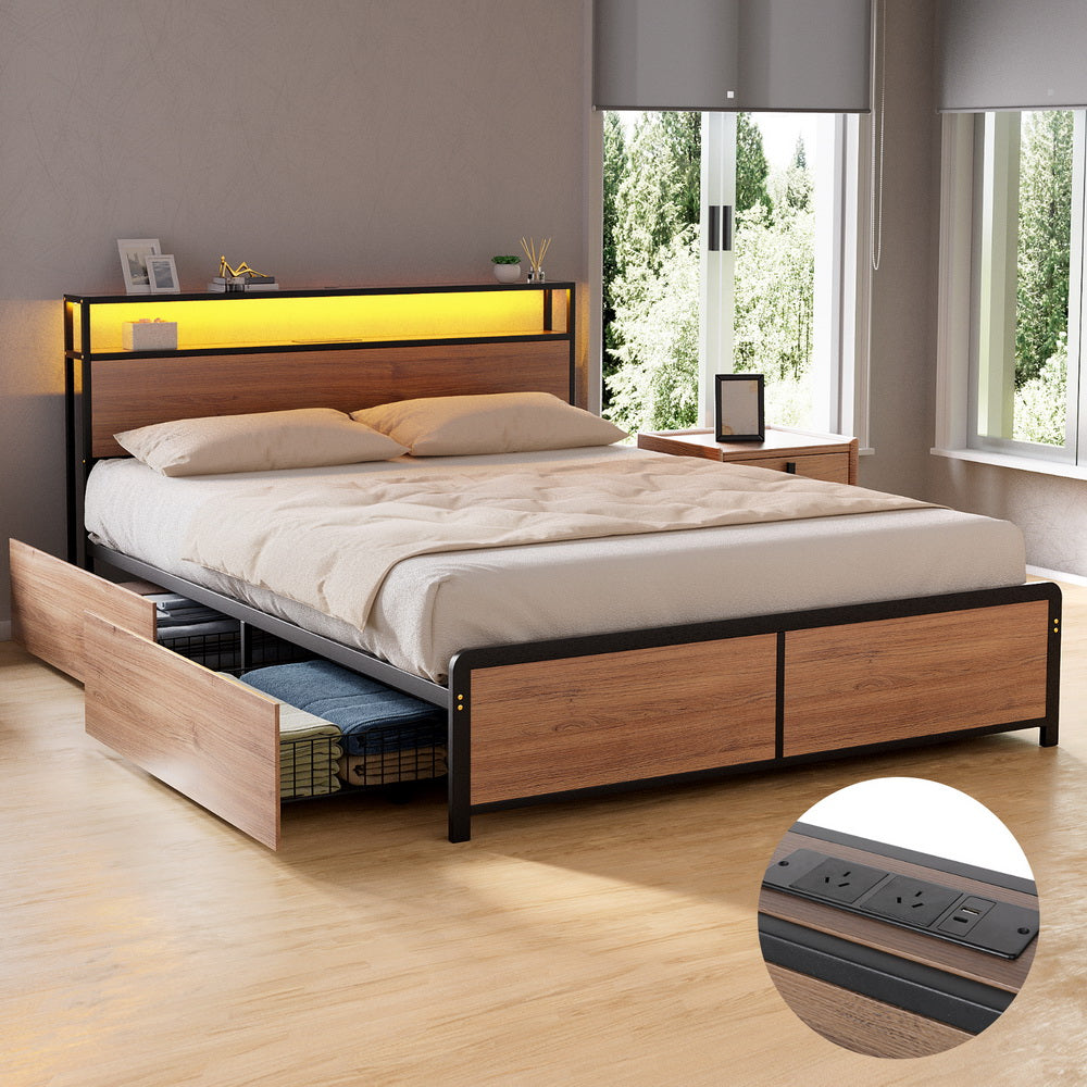 Artiss Metal Bed Frame Queen Size with 2-Tier Storage Headboard Metal Platform with 4 Storage Drawers Built MBED-C-SKY-Q-BK-ABC