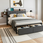 Artiss Metal Bed Frame Double Size with 2-Tier Hidden Storage with Charging Station MBED-C-SOT-D-GY-ABC