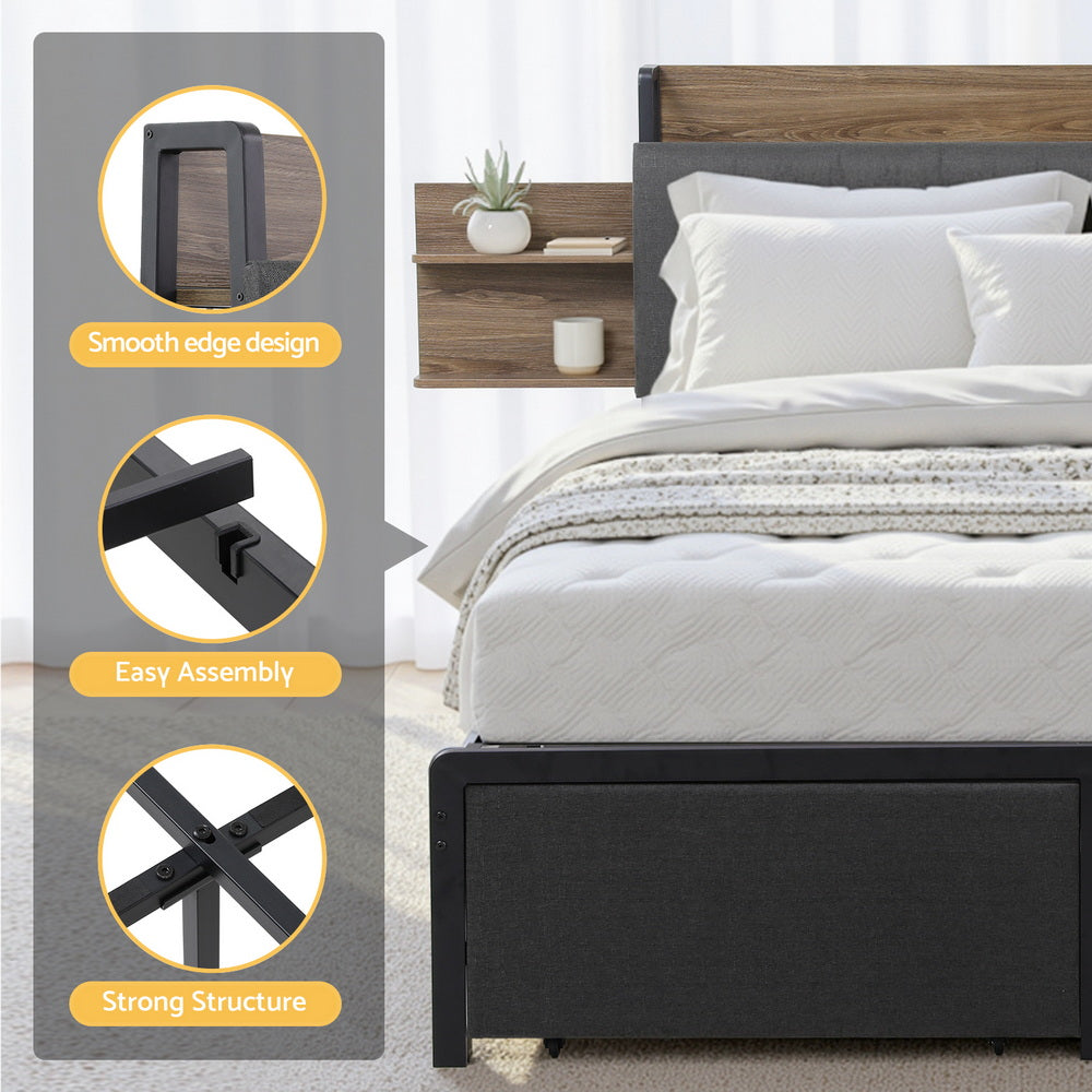 Artiss Metal Bed Frame Double Size with 2-Tier Hidden Storage with Charging Station