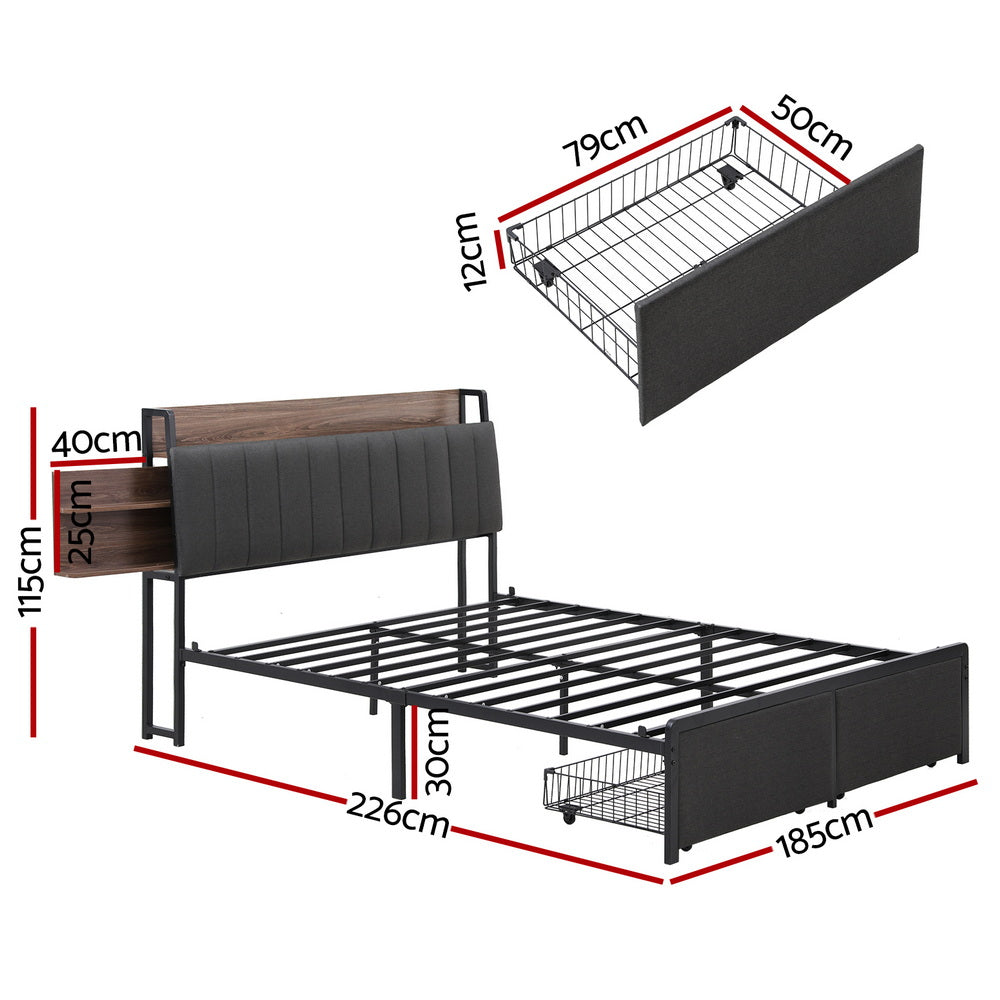 Artiss Metal Bed Frame King Size with 2-Tier Hidden Storage with Charging Station MBED-C-SOT-K-GY-ABC
