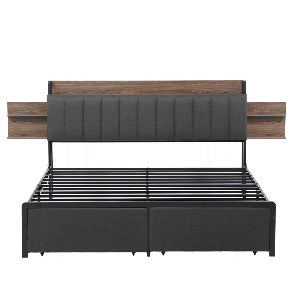 Artiss Metal Bed Frame King Size with 2-Tier Hidden Storage with Charging Station MBED-C-SOT-K-GY-ABC