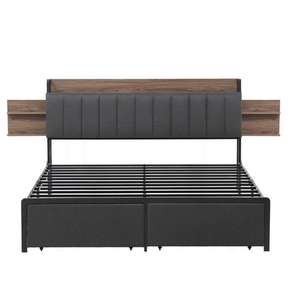 Artiss Metal Bed Frame King Size with 2-Tier Hidden Storage with Charging Station MBED-C-SOT-K-GY-ABC