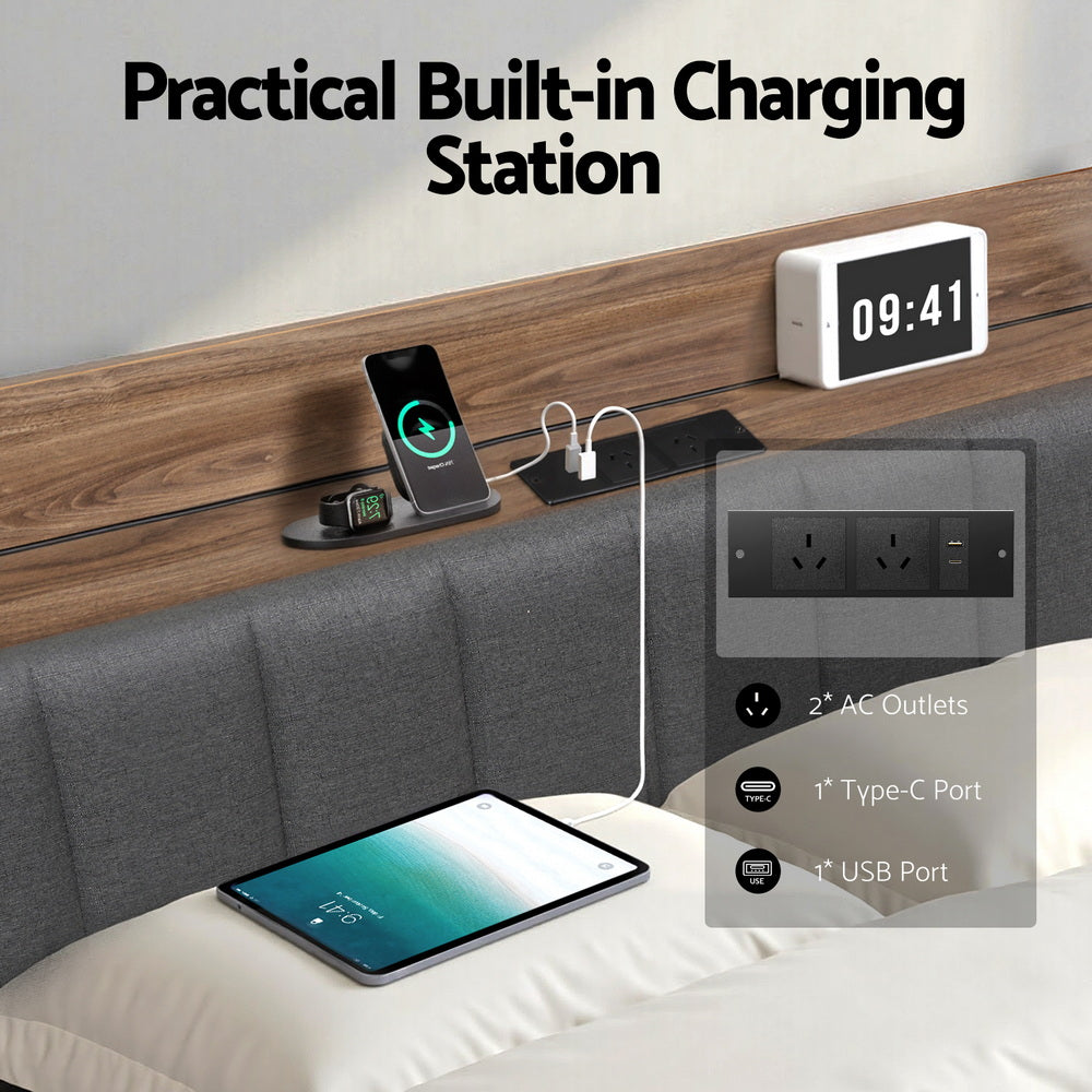 Artiss Metal Bed Frame King Size with 2-Tier Hidden Storage with Charging Station MBED-C-SOT-K-GY-ABC