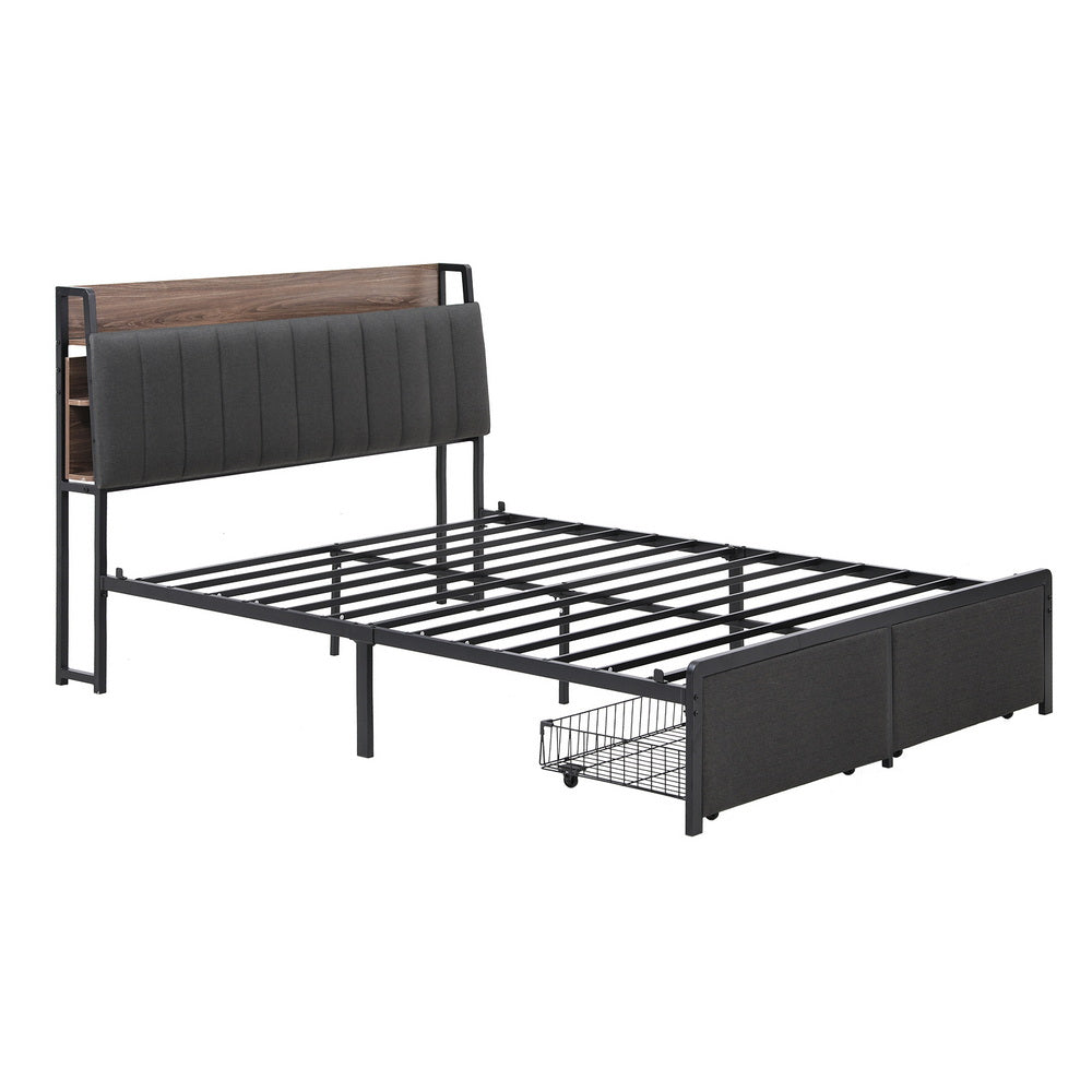 Artiss Metal Bed Frame King Size with 2-Tier Hidden Storage with Charging Station MBED-C-SOT-K-GY-ABC