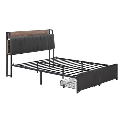 Artiss Metal Bed Frame King Size with 2-Tier Hidden Storage with Charging Station MBED-C-SOT-K-GY-ABC