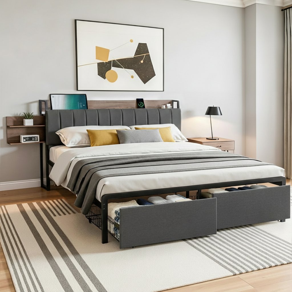 Artiss Metal Bed Frame King Size with 2-Tier Hidden Storage with Charging Station MBED-C-SOT-K-GY-ABC