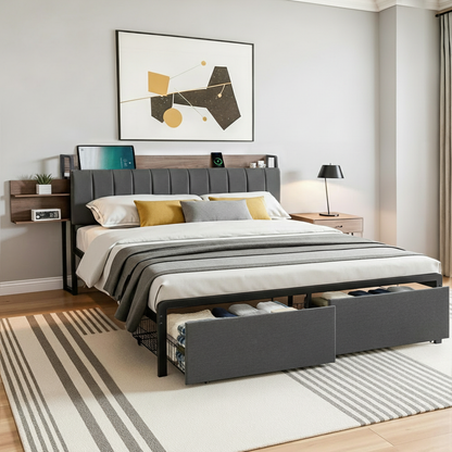 Artiss Metal Bed Frame King Size with 2-Tier Hidden Storage with Charging Station MBED-C-SOT-K-GY-ABC