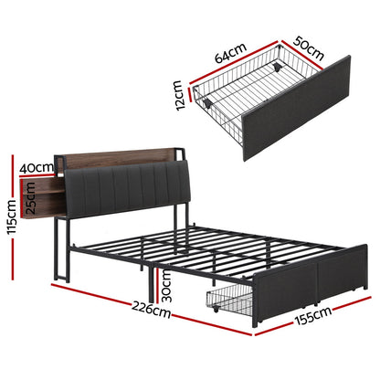 Artiss Metal Bed Frame Queen Size with 2-Tier Hidden Storage with Charging Station MBED-C-SOT-Q-GY-ABC