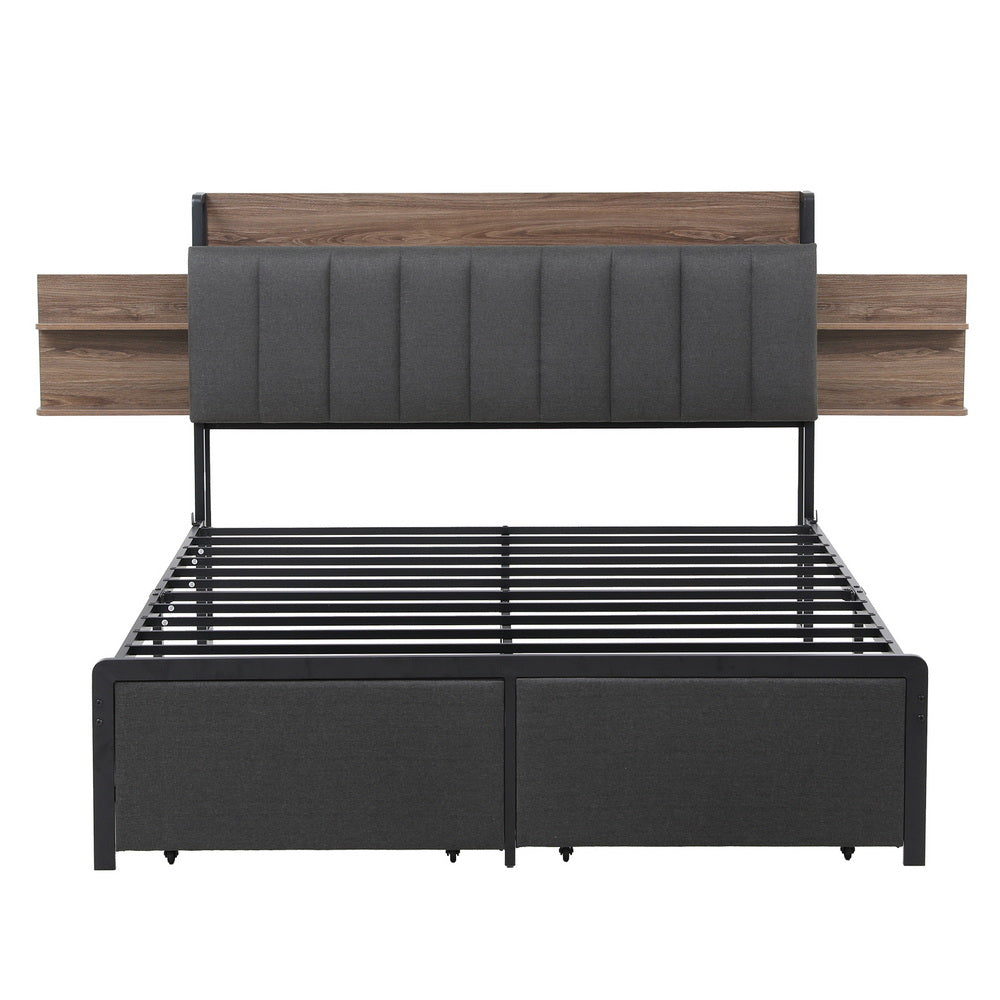 Artiss Metal Bed Frame Queen Size with 2-Tier Hidden Storage with Charging Station MBED-C-SOT-Q-GY-ABC