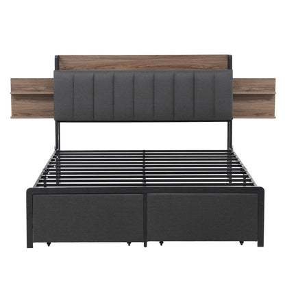 Artiss Metal Bed Frame Queen Size with 2-Tier Hidden Storage with Charging Station MBED-C-SOT-Q-GY-ABC