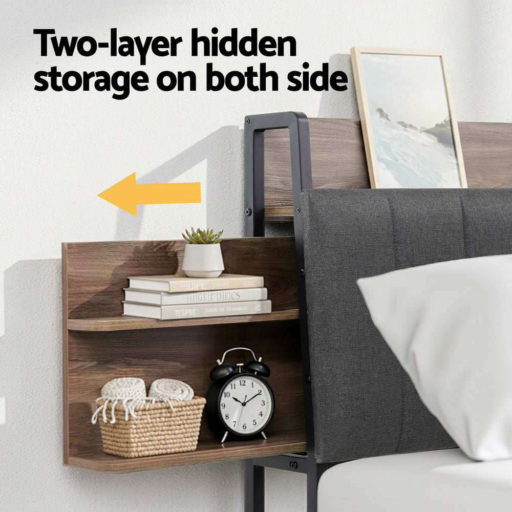 Artiss Metal Bed Frame Queen Size with 2-Tier Hidden Storage with Charging Station MBED-C-SOT-Q-GY-ABC
