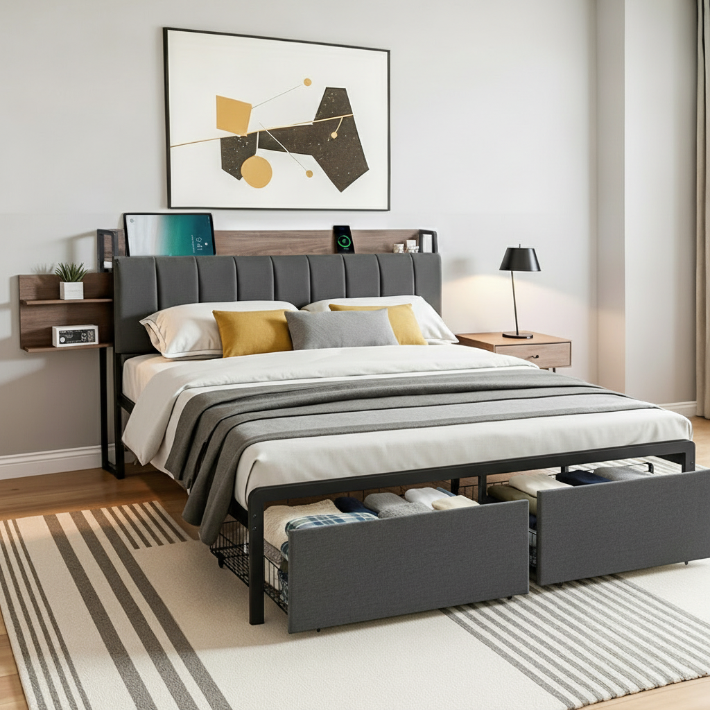 Artiss Metal Bed Frame Queen Size with 2-Tier Hidden Storage with Charging Station MBED-C-SOT-Q-GY-ABC