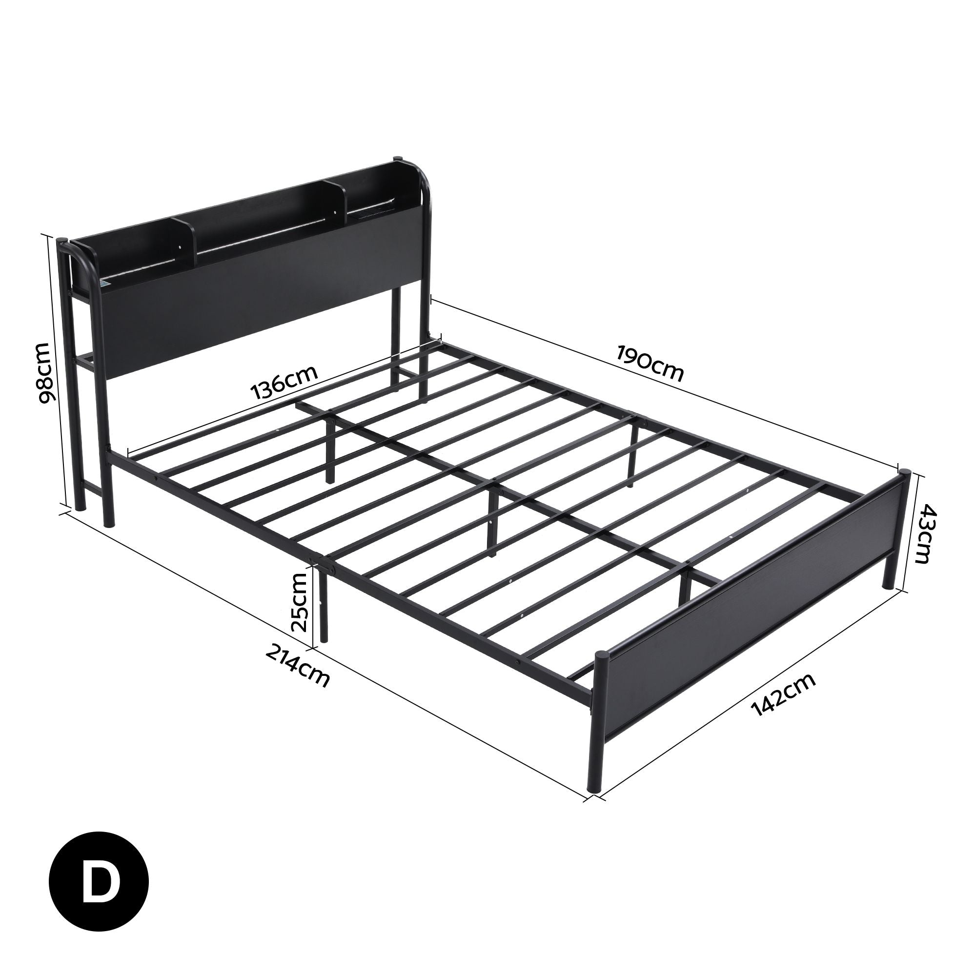 Artiss Bed Frame Double Size with Storage Shelf Headboard Charging Station GRID MBED-D-GRID-D-BK-AB