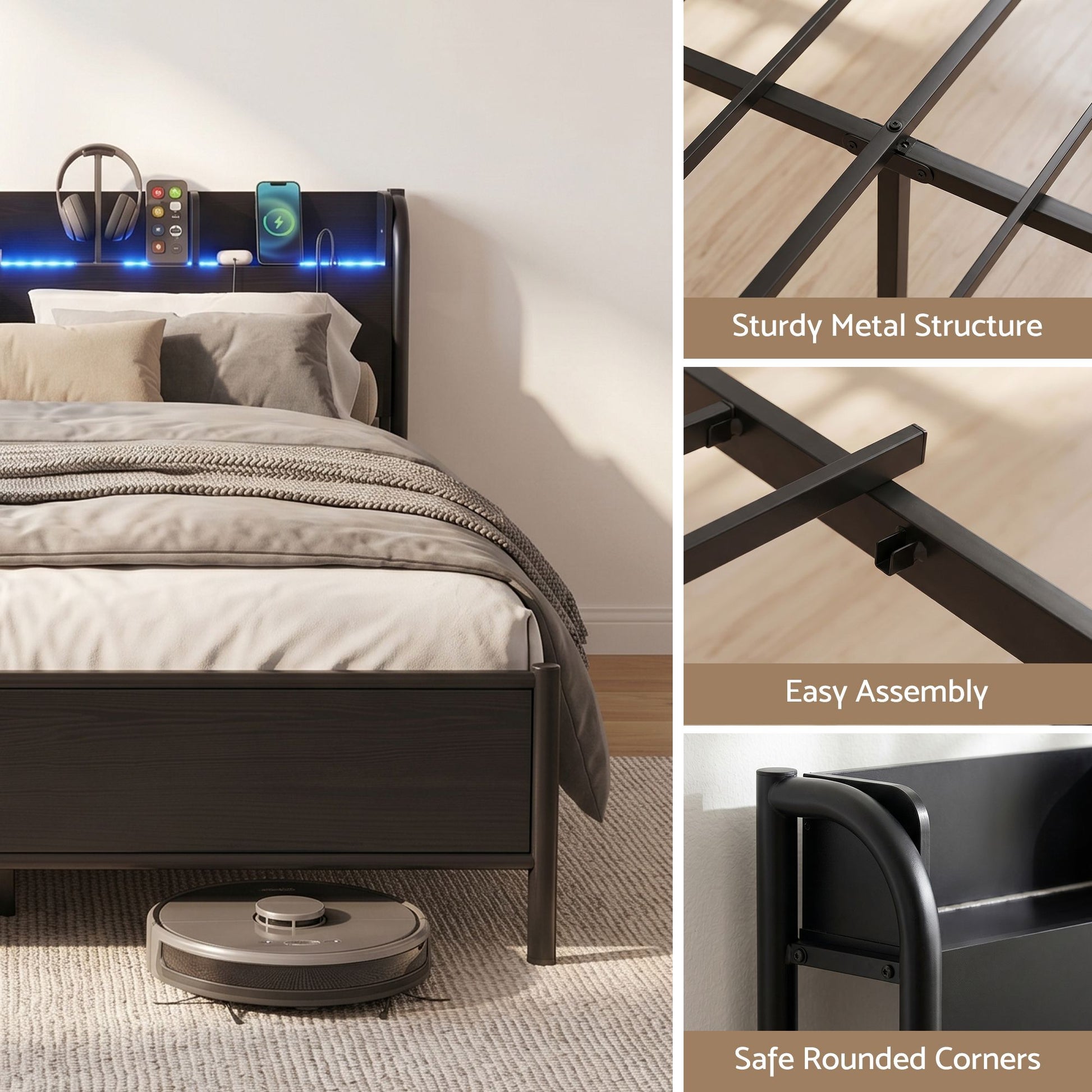 Artiss Bed Frame Double Size with Storage Shelf Headboard Charging Station GRID MBED-D-GRID-D-BK-AB
