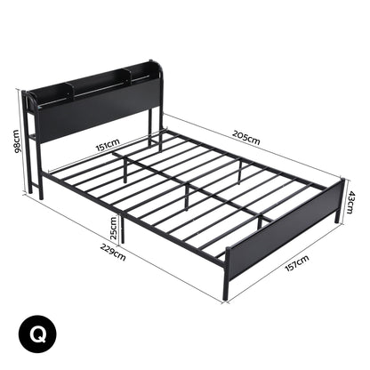 Artiss Bed Frame Queen Size with Storage Shelf Headboard Charging Station GRID MBED-D-GRID-Q-BK-AB