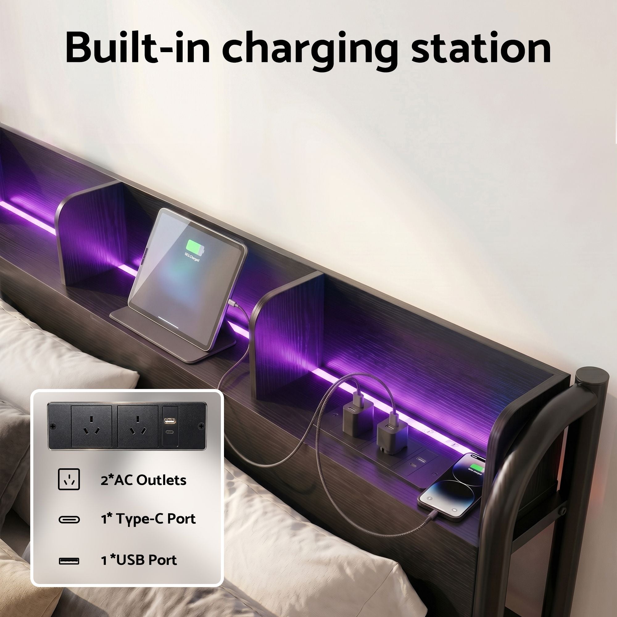 Artiss Bed Frame Queen Size with Storage Shelf Headboard Charging Station GRID MBED-D-GRID-Q-BK-AB