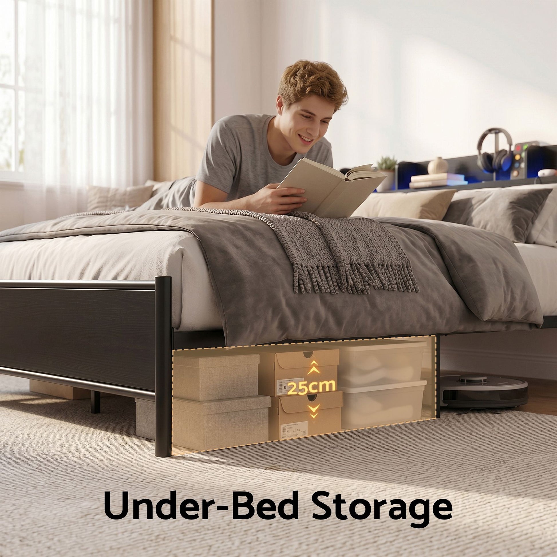 Artiss Bed Frame Queen Size with Storage Shelf Headboard Charging Station GRID MBED-D-GRID-Q-BK-AB