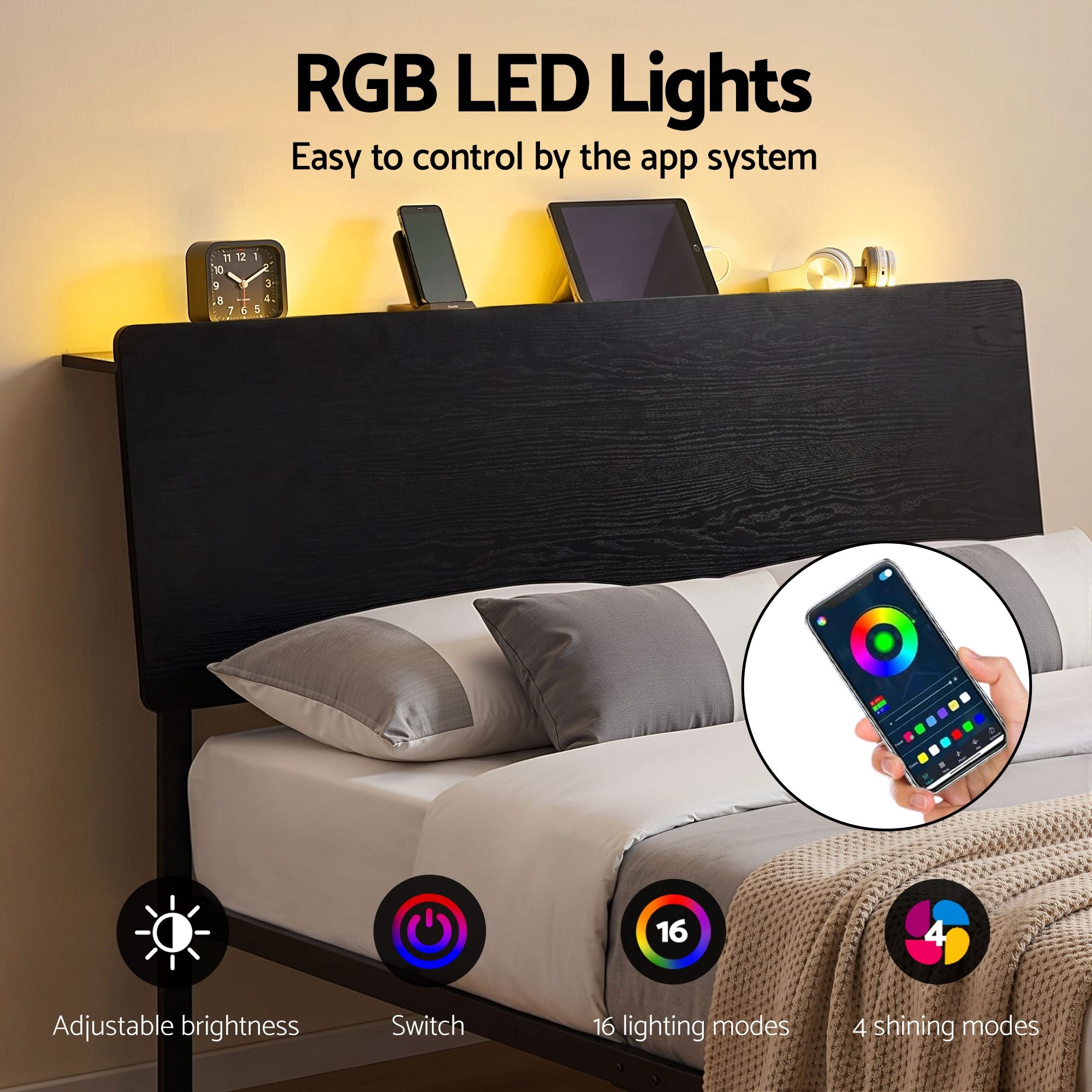 Artiss Bed Frame Queen Size LED Metal Bed Base with Charging Station LAN MBED-D-LAN-Q-BK-AB