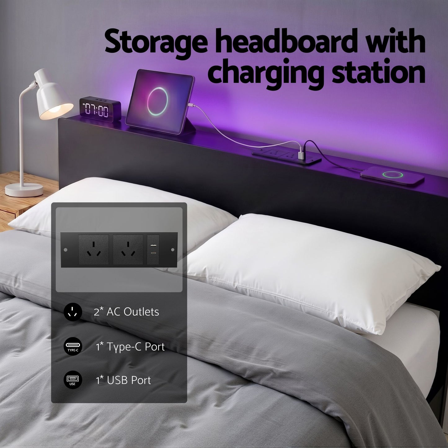 Artiss Bed Frame Queen Size LED Metal Bed Base with Charging Station LAN MBED-D-LAN-Q-BK-AB