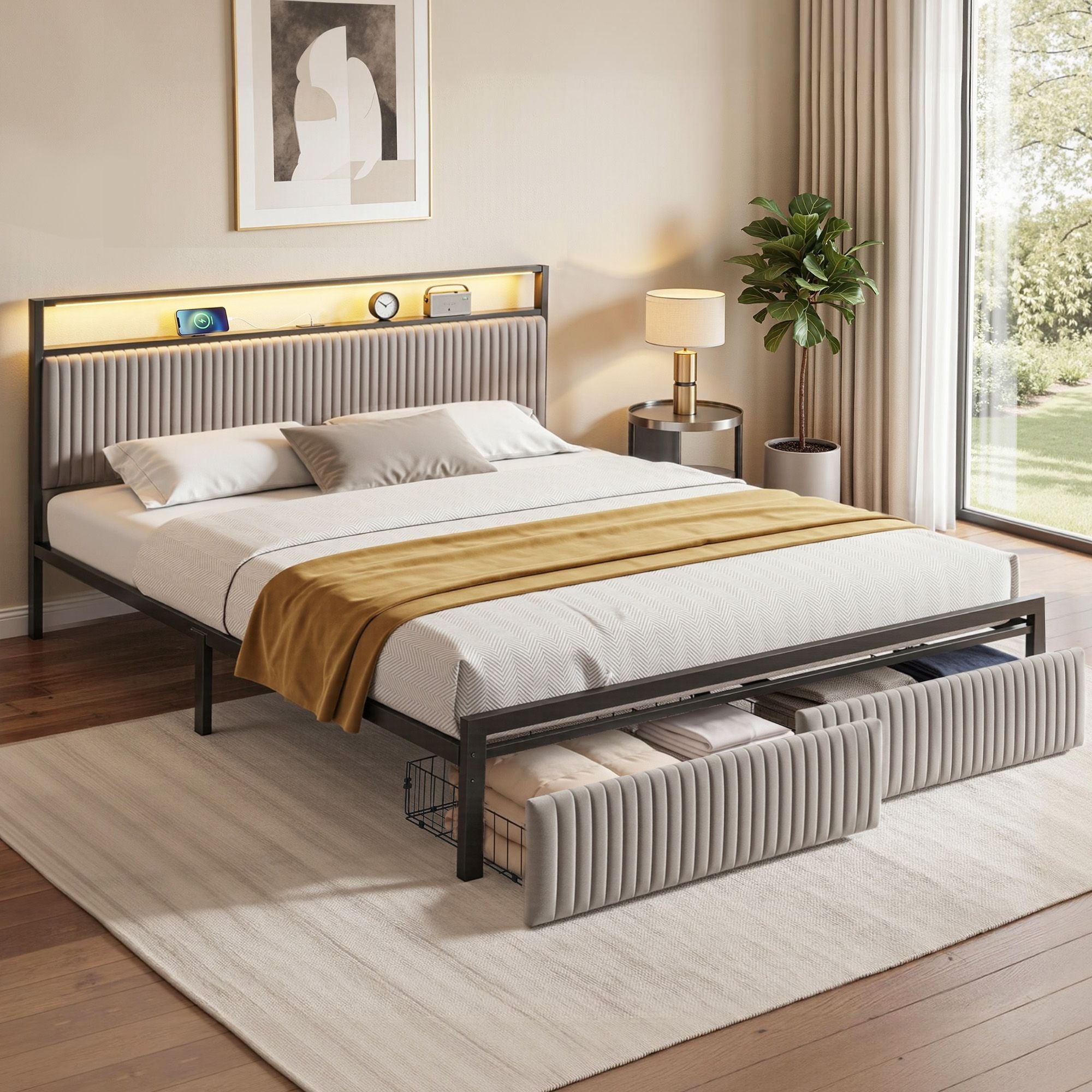 Artiss Metal Bed Frame King Size LED Charging Station 2 Drawers MBED-D-LINE-K-BK-AB