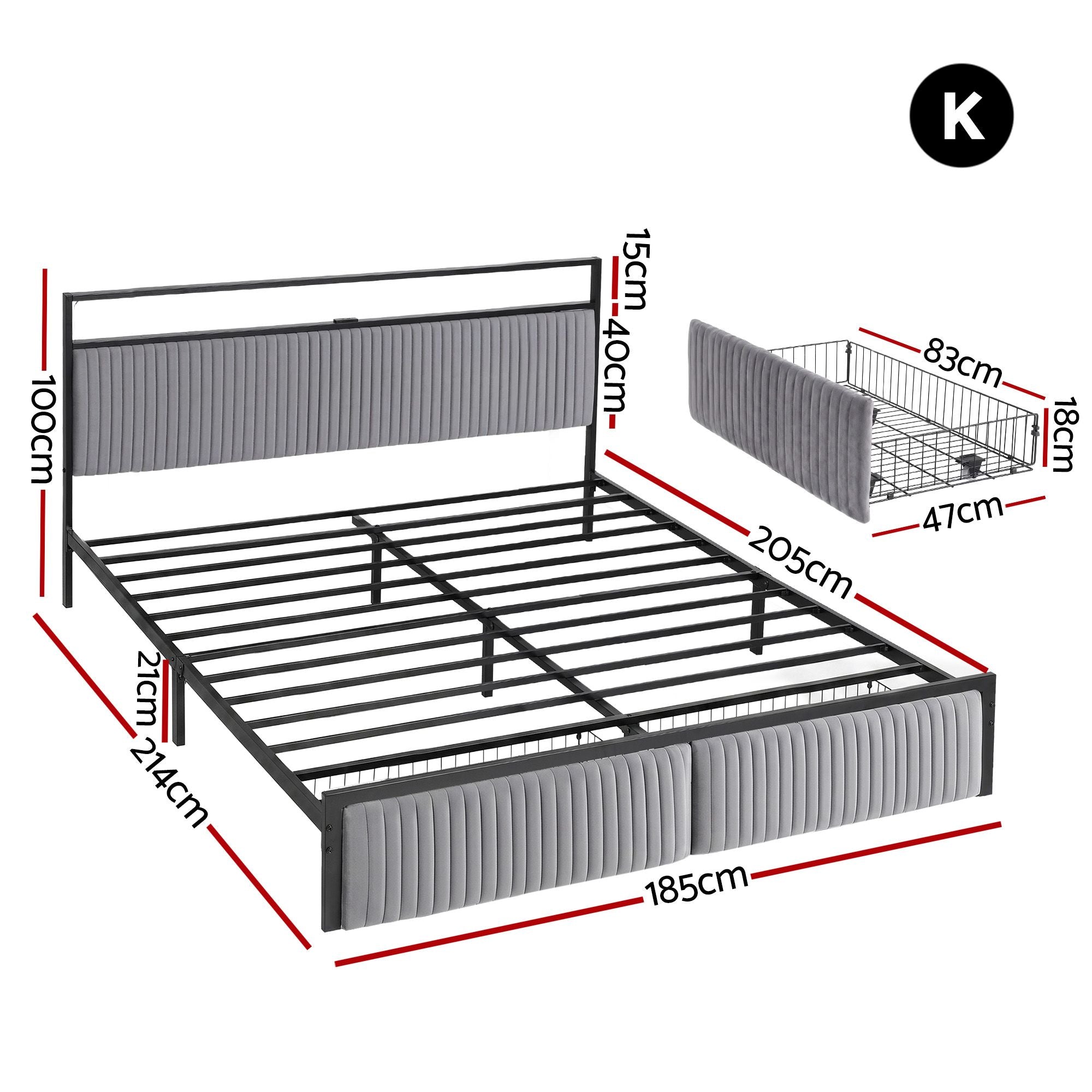 Artiss Metal Bed Frame King Size LED Charging Station 2 Drawers MBED-D-LINE-K-BK-AB