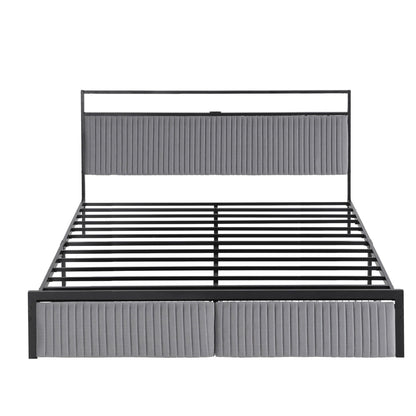 Artiss Metal Bed Frame King Size LED Charging Station 2 Drawers MBED-D-LINE-K-BK-AB