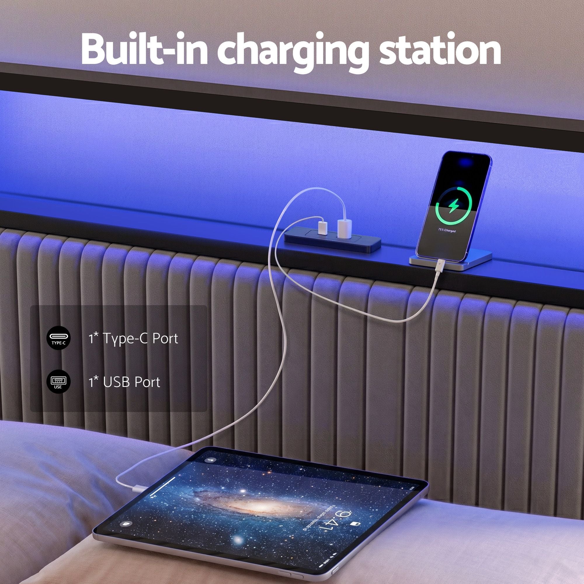 Artiss Metal Bed Frame King Size LED Charging Station 2 Drawers MBED-D-LINE-K-BK-AB