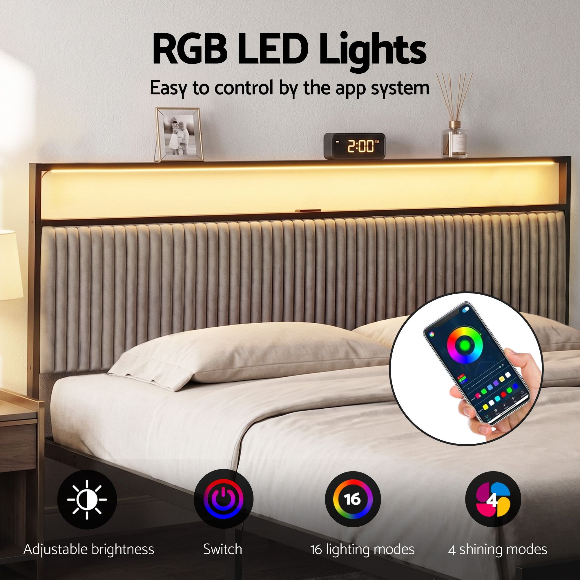 Artiss Metal Bed Frame King Size LED Charging Station 2 Drawers MBED-D-LINE-K-BK-AB