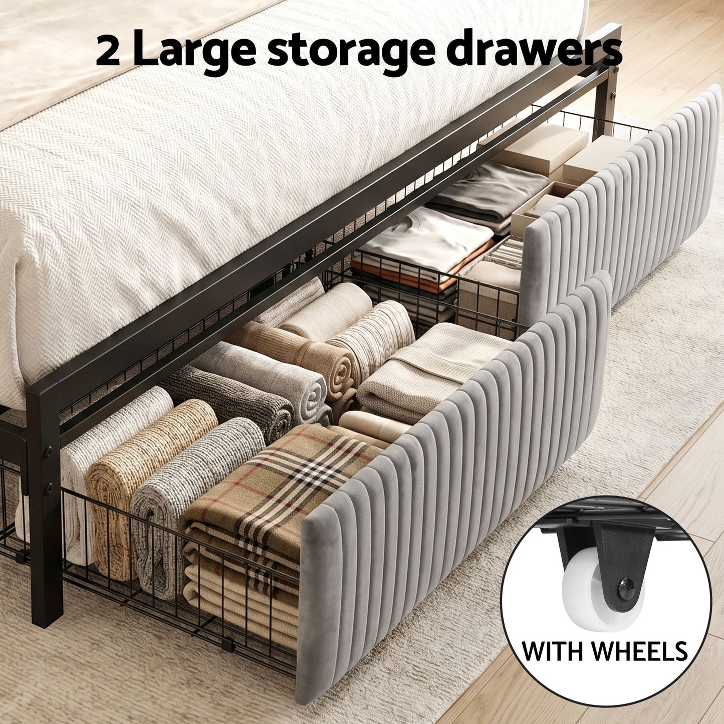 Artiss Metal Bed Frame King Size LED Charging Station 2 Drawers MBED-D-LINE-K-BK-AB