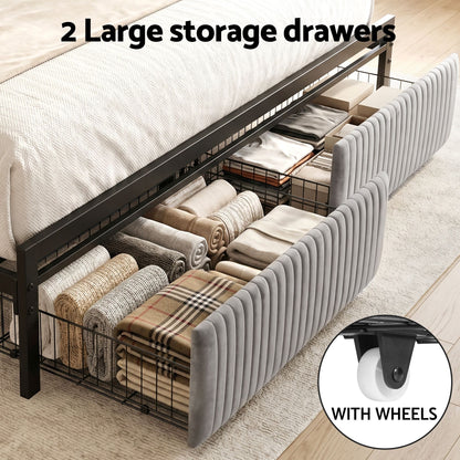 Artiss Metal Bed Frame King Size LED Charging Station 2 Drawers MBED-D-LINE-K-BK-AB
