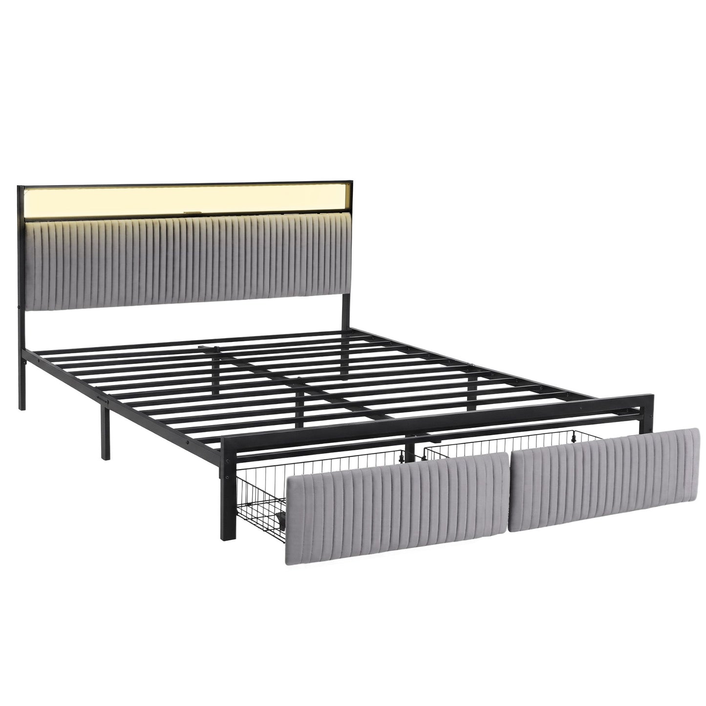 Artiss Metal Bed Frame King Size LED Charging Station 2 Drawers MBED-D-LINE-K-BK-AB