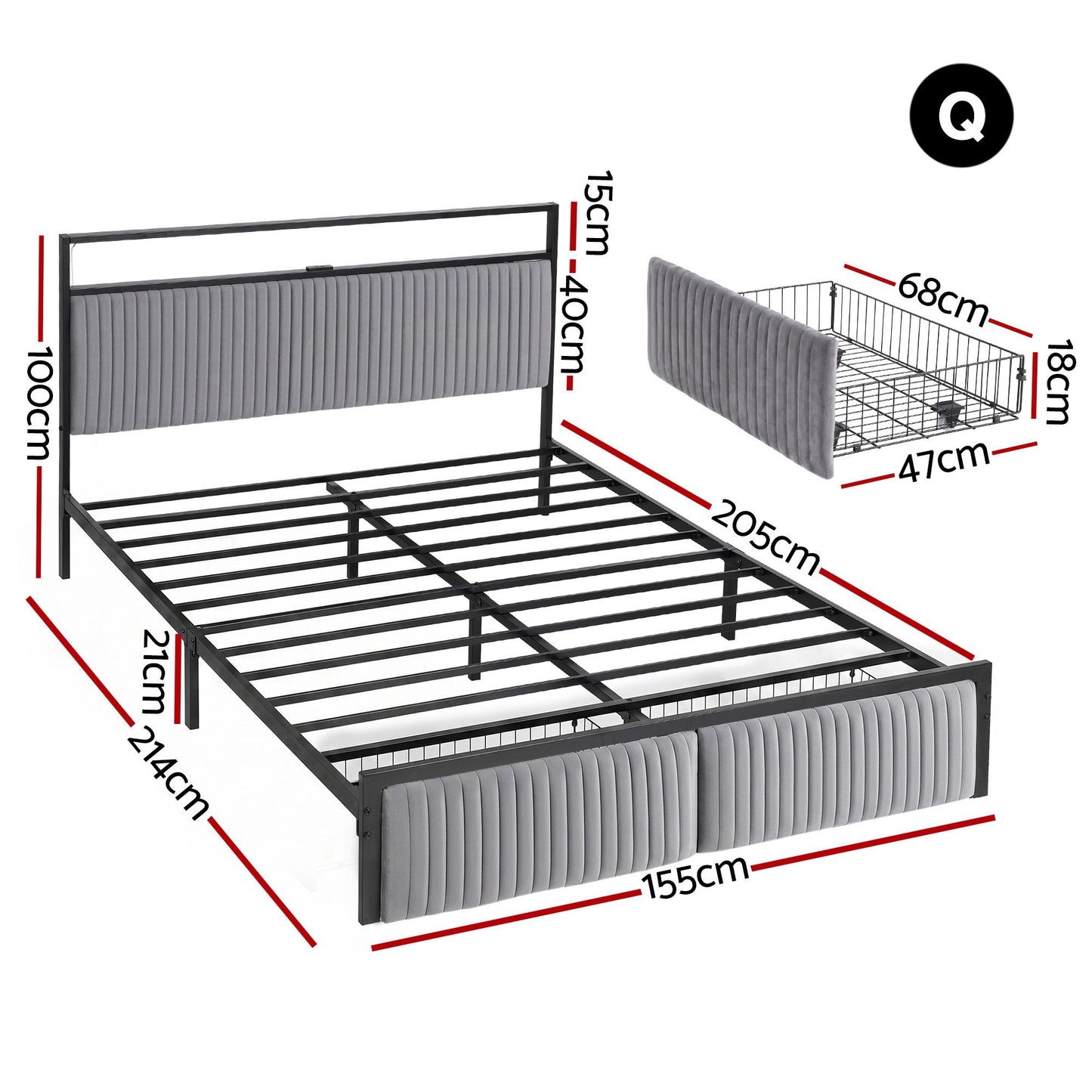 Artiss Metal Bed Frame Queen Size LED Charging Station 2 Drawers MBED-D-LINE-Q-BK-AB
