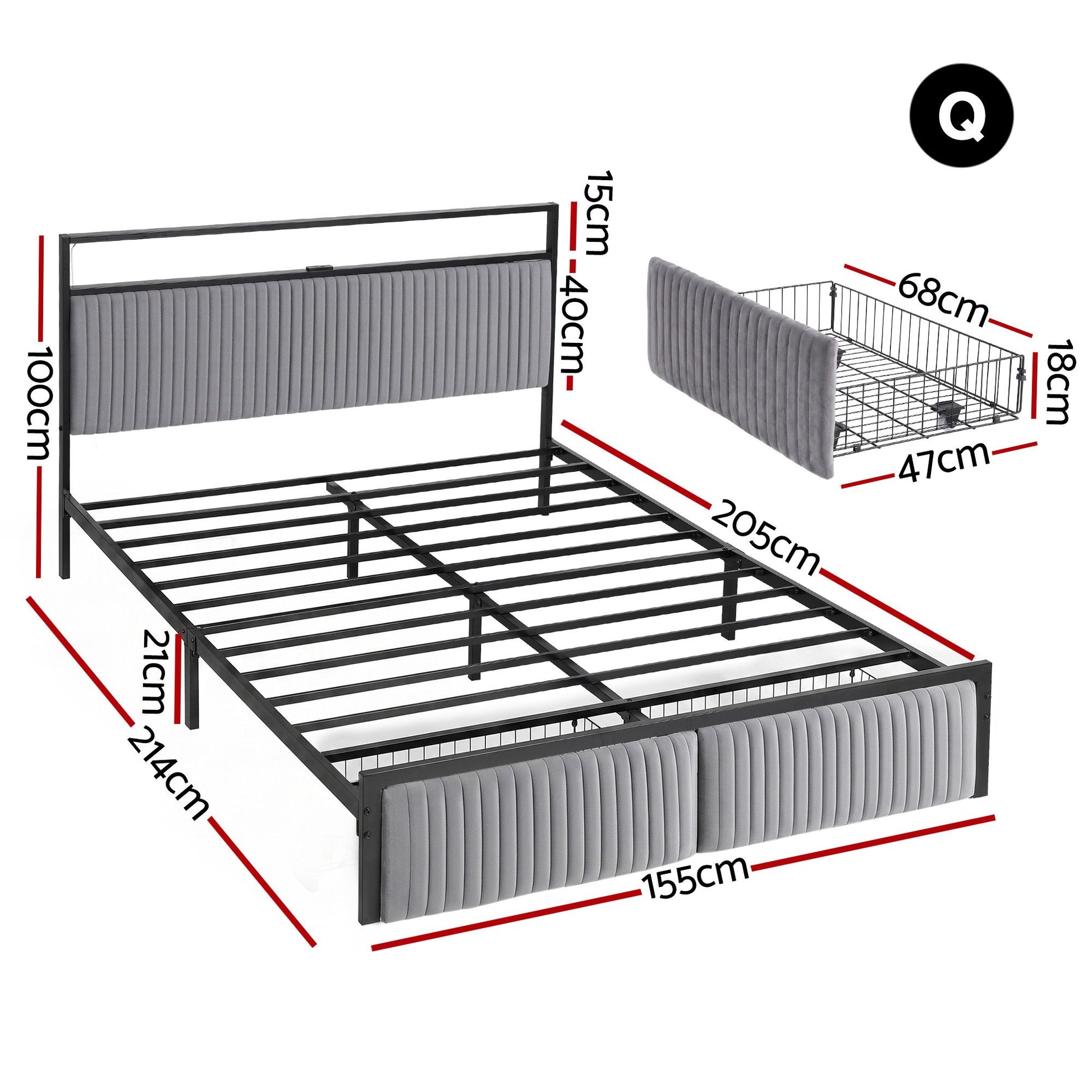 Artiss Metal Bed Frame Queen Size LED Charging Station 2 Drawers MBED-D-LINE-Q-BK-AB