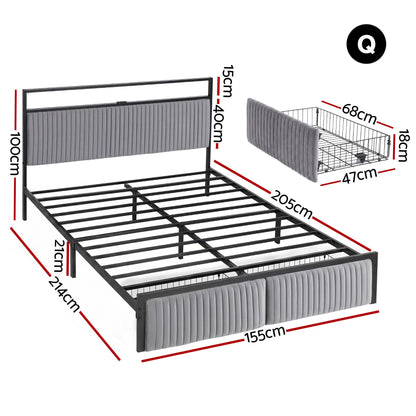 Artiss Metal Bed Frame Queen Size LED Charging Station 2 Drawers MBED-D-LINE-Q-BK-AB