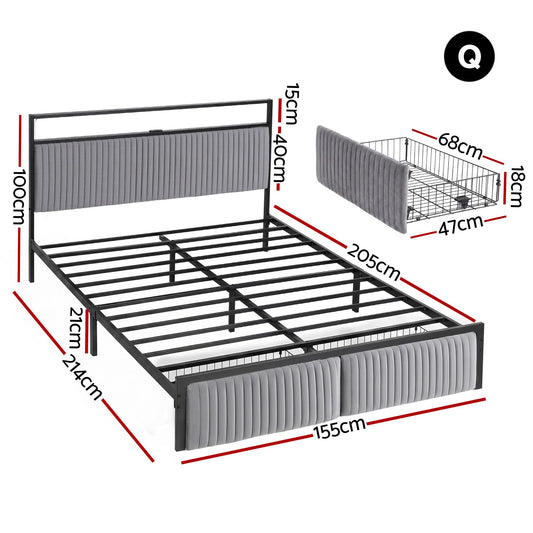 Artiss Metal Bed Frame Queen Size LED Charging Station 2 Drawers MBED-D-LINE-Q-BK-AB