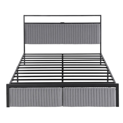 Artiss Metal Bed Frame Queen Size LED Charging Station 2 Drawers MBED-D-LINE-Q-BK-AB
