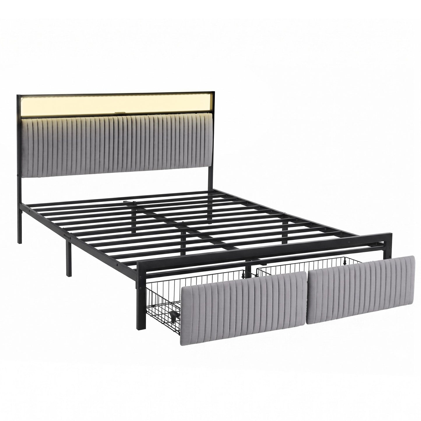Artiss Metal Bed Frame Queen Size LED Charging Station 2 Drawers MBED-D-LINE-Q-BK-AB