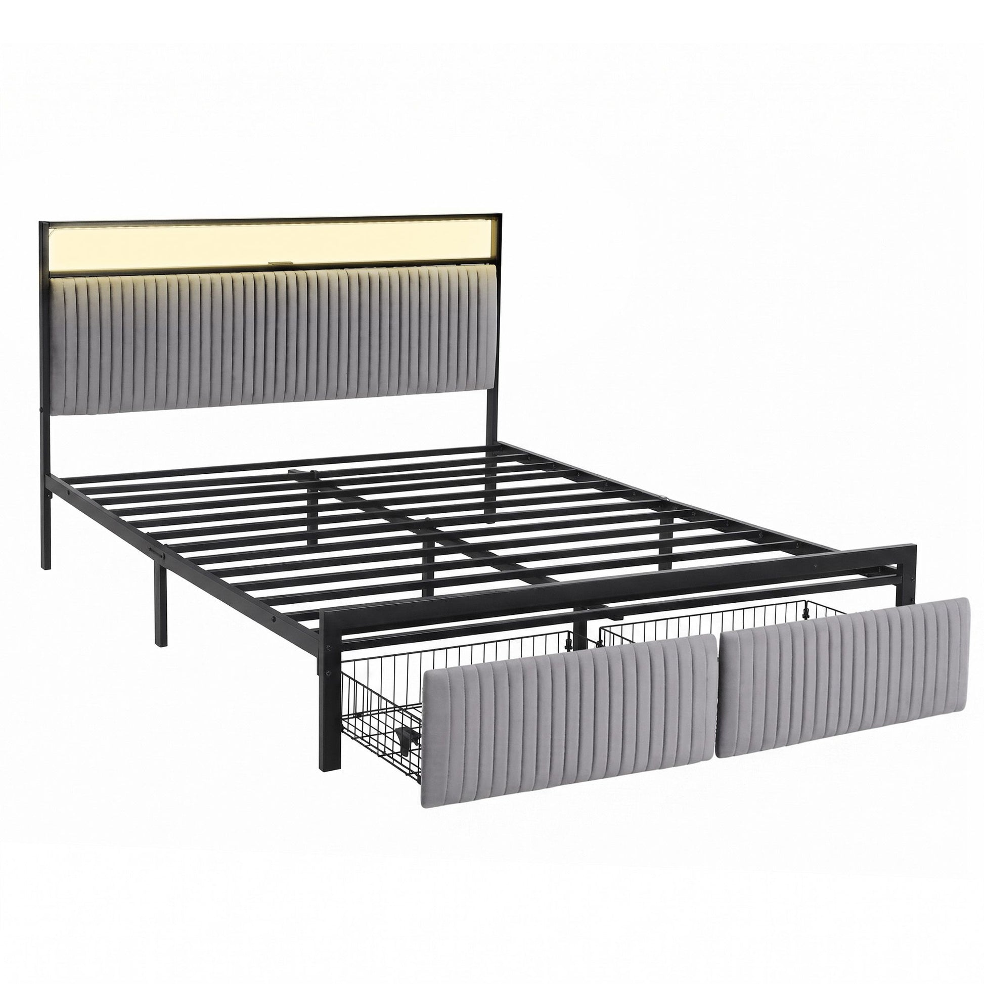 Artiss Metal Bed Frame Queen Size LED Charging Station 2 Drawers MBED-D-LINE-Q-BK-AB