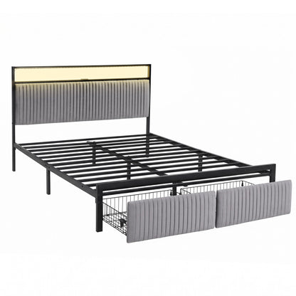 Artiss Metal Bed Frame Queen Size LED Charging Station 2 Drawers MBED-D-LINE-Q-BK-AB