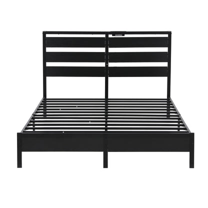 Artiss Bed Frame Double Size LED Metal Bed Base with Charging Station MBED-D-POR-D-BK-AB