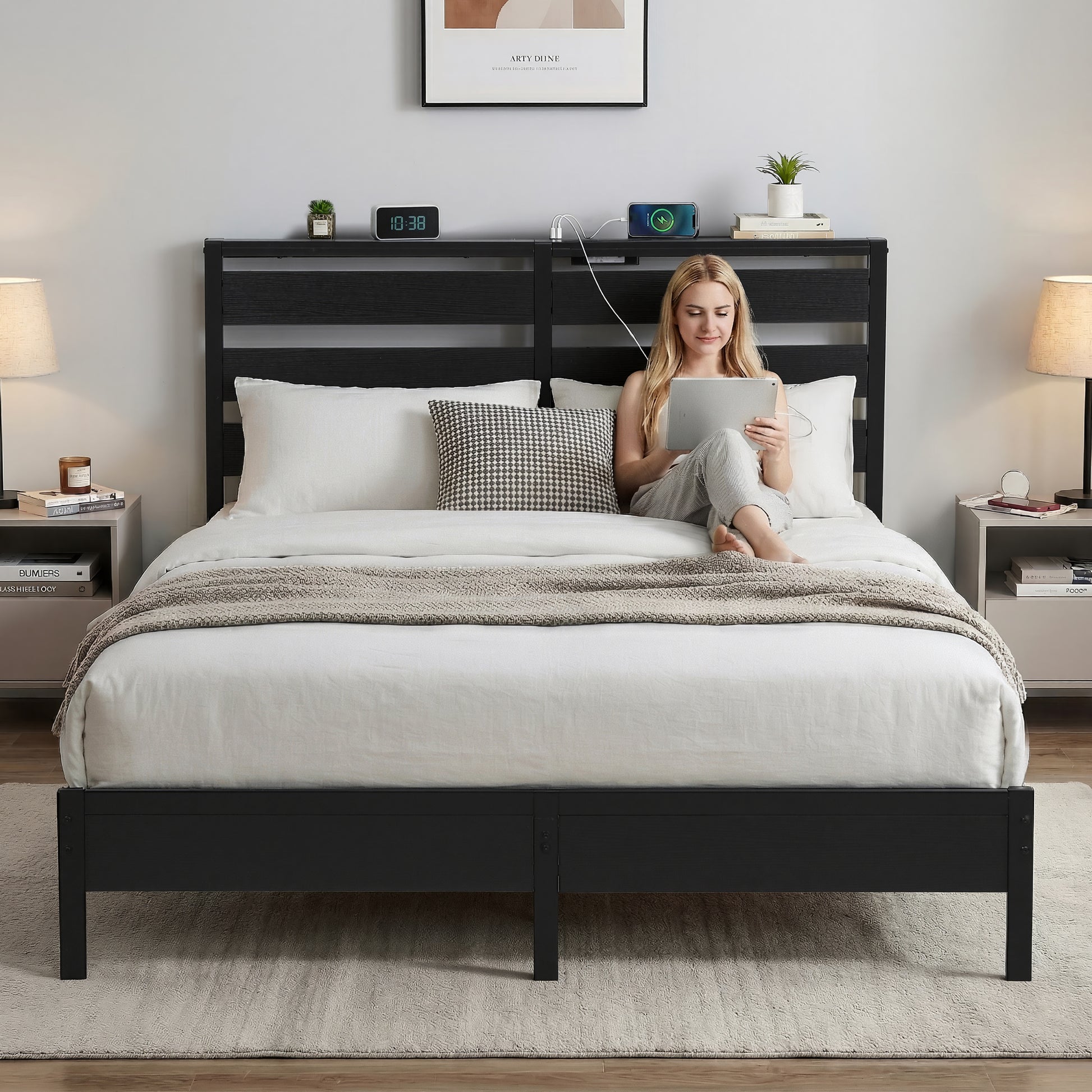 Artiss Bed Frame Double Size LED Metal Bed Base with Charging Station MBED-D-POR-D-BK-AB