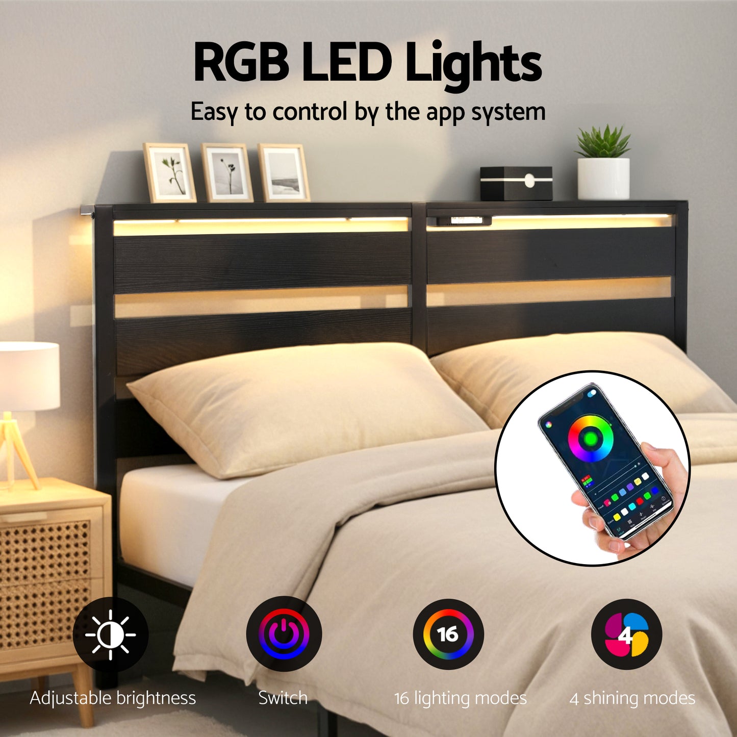 Artiss Bed Frame Queen Size LED Metal Bed Base with Charging Station MBED-D-POR-Q-BK-AB