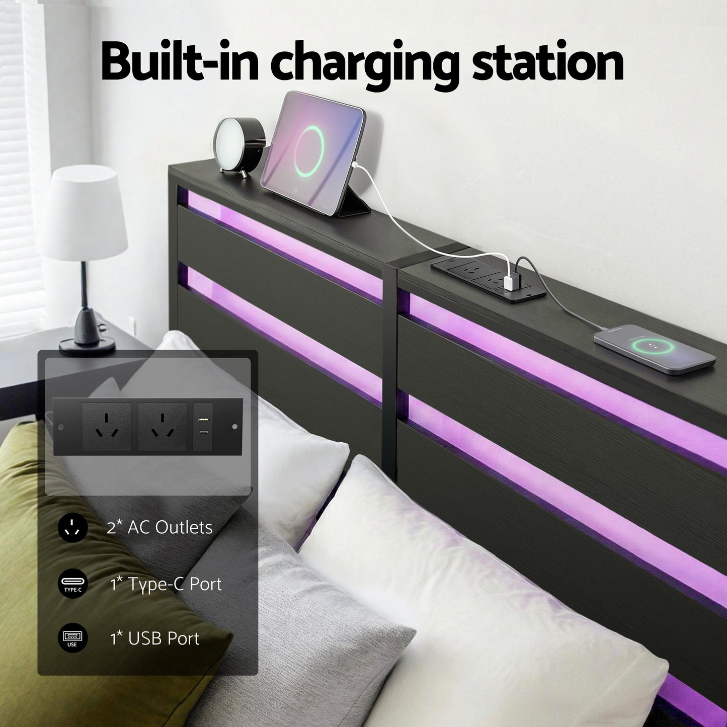 Artiss Bed Frame Queen Size LED Metal Bed Base with Charging Station MBED-D-POR-Q-BK-AB