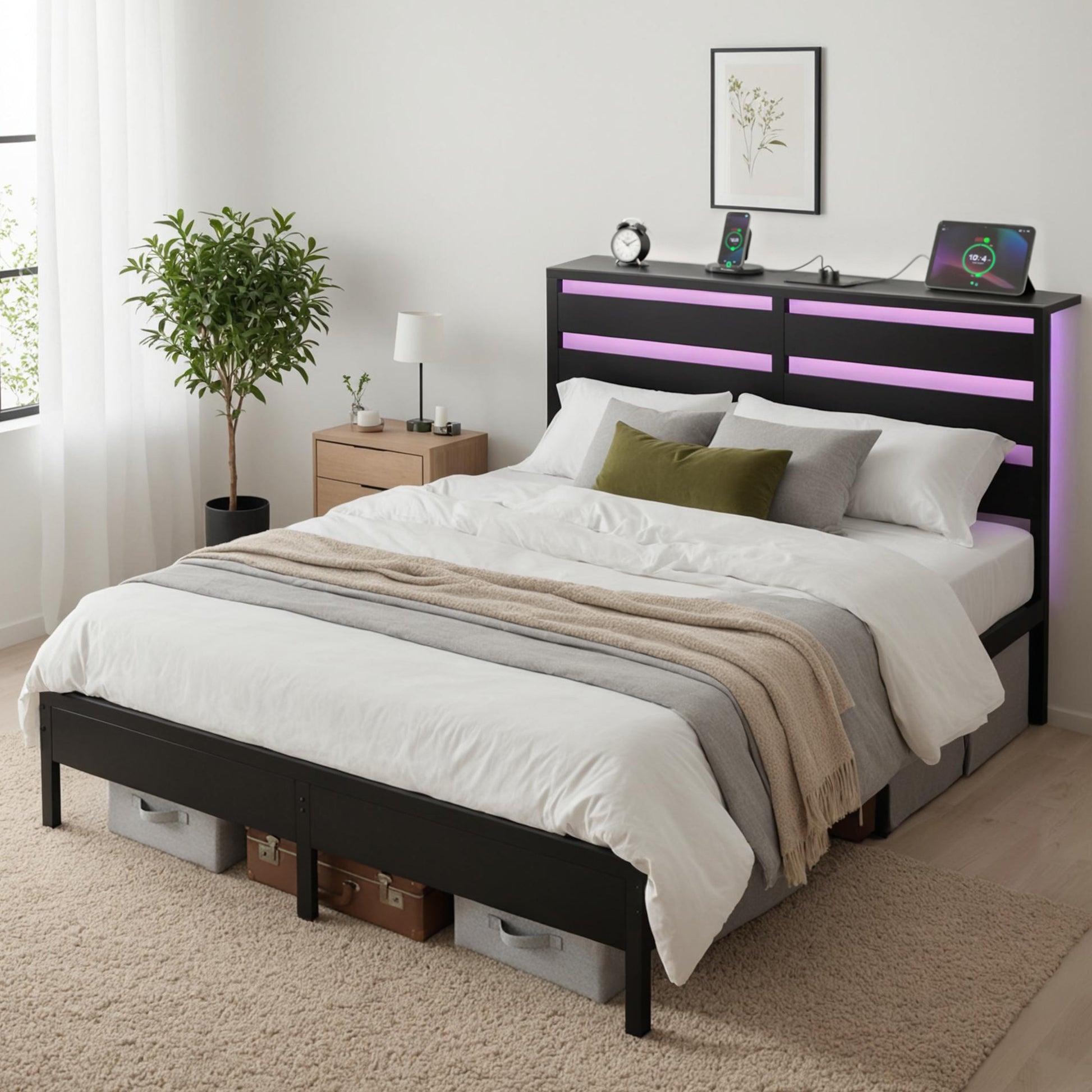 Artiss Bed Frame Queen Size LED Metal Bed Base with Charging Station MBED-D-POR-Q-BK-AB