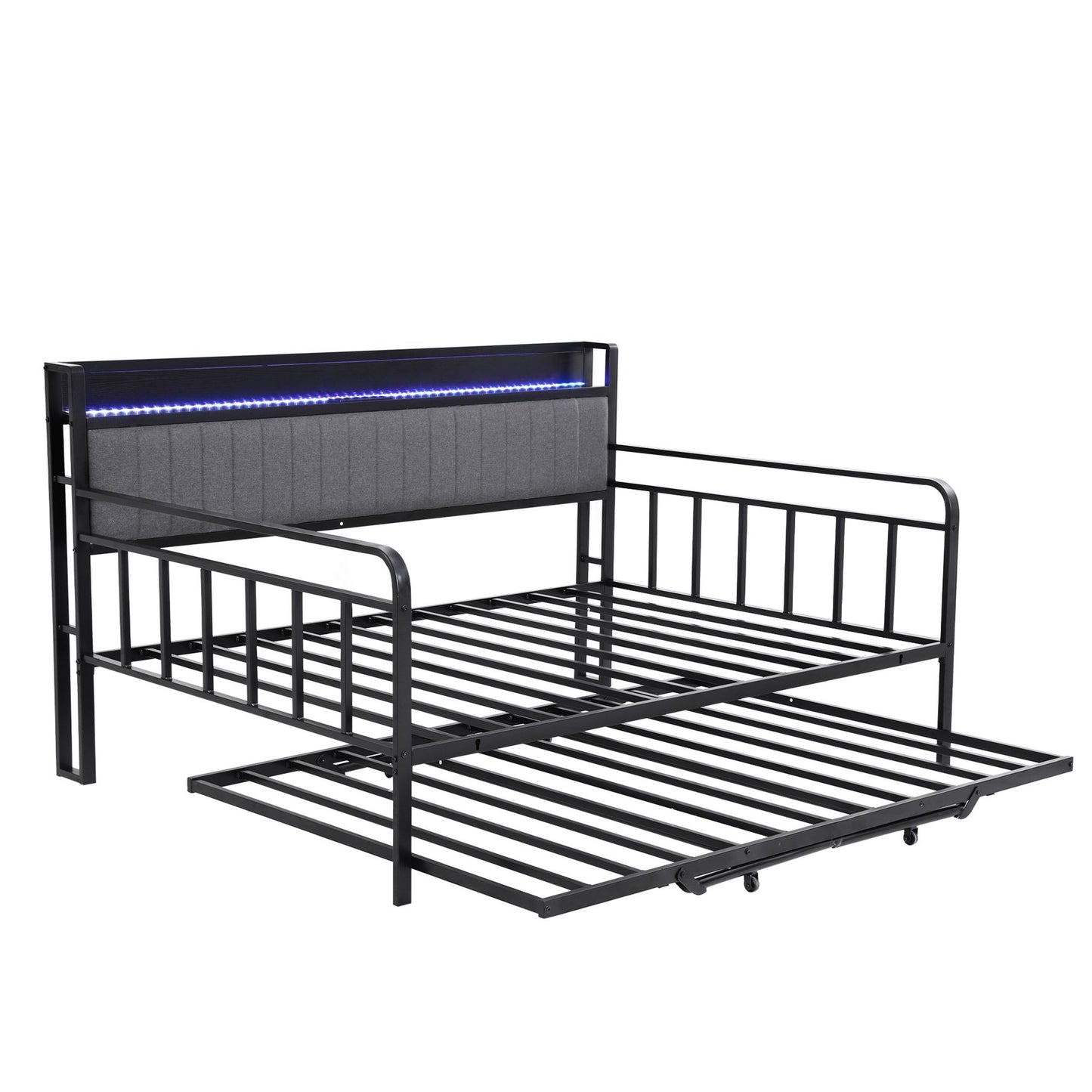 Artiss Bed Frame Double LED Metal Trundle Daybed with Charging Station TURN MBED-D-TURN-D-BK-ABC