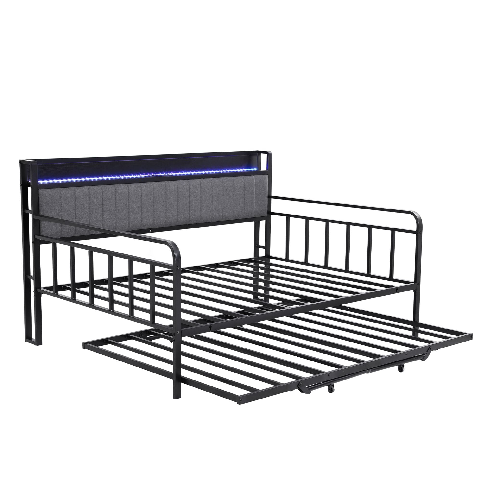 Artiss Bed Frame Double LED Metal Trundle Daybed with Charging Station TURN MBED-D-TURN-D-BK-ABC